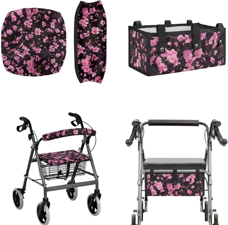 LedBack Walker Accessories for 3 Pcs, Cherry Blossom Rollator Walker Seat and Backrest Covers Walker Bag Under Seat Bag for Four Wheel Rollator, Easy to Install - Image 1